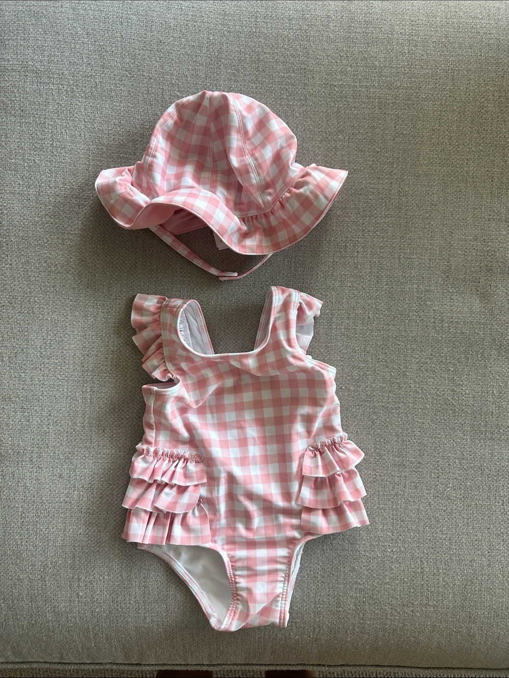 Tucker + Tate Pink and White Gingham Ruffle Swimsuit with Sun Hat
